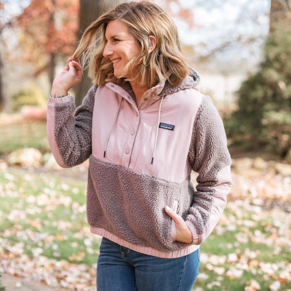 Patagonia Pink and Taupe Sherpa Pullover Hoodie